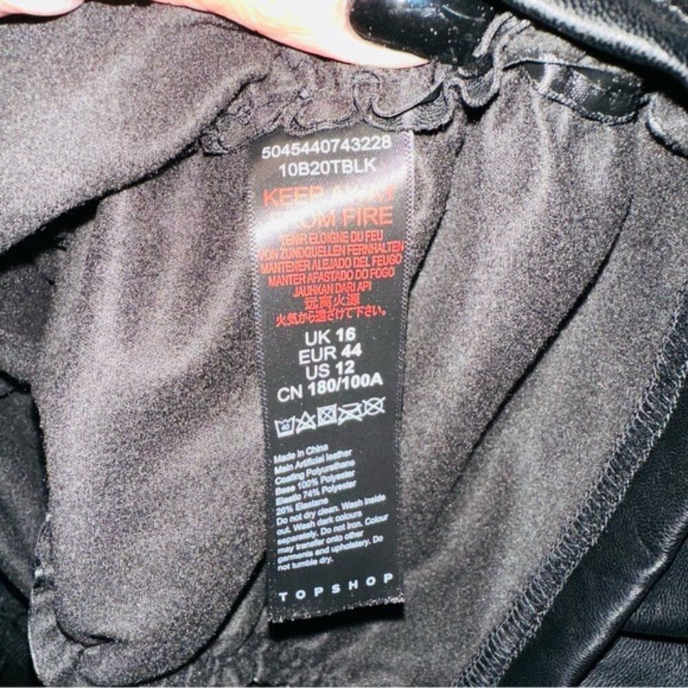 Topshop Faux Leather Ruched Mini Dress Black Puff Sleeve Y2K Baddie US 12 - Picture 10 of 12